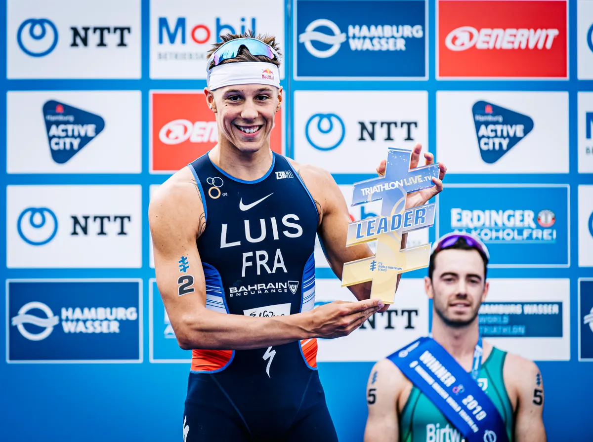 HAMBURG, GERMANY - JULY 06: (EDITORS NOTE: Image has been digitally enhanced) World Triathlon overall leader Vincent Luis of France is seen during the ITU World Triathlon Elite women sprint race on July 06, 2019 in Hamburg, Germany. (Photo by Alexander Scheuber/Getty Images for IRONMAN)