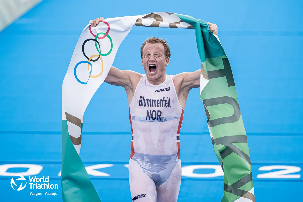 New Olympic champion Norway's Kristian Blummenfelt crossed the line ecstatic. 