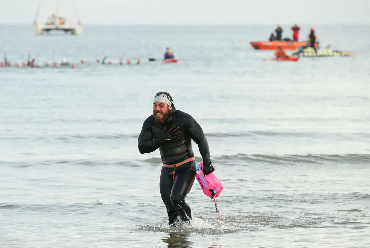 Ross Edgley at the end of the Great British Swim