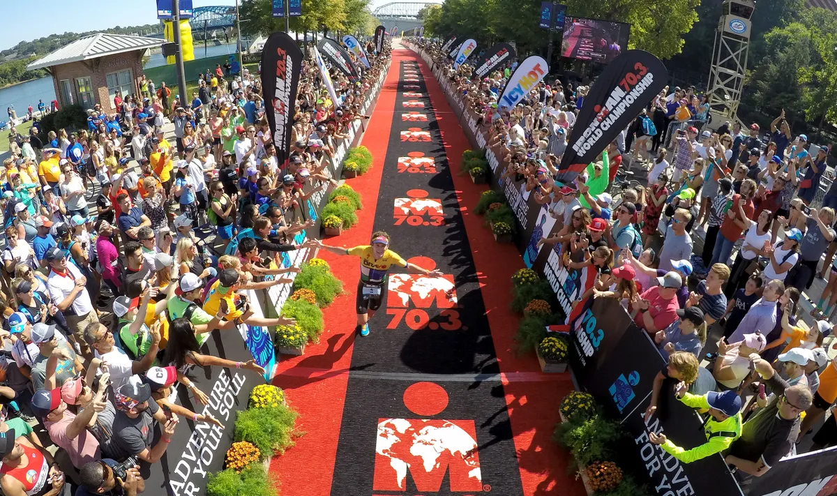 CHATTANOOGA, TN - SEPTEMBER 10: Tim Don of Great Britain comes down the finish chute en route to his 3rd place finish during the Men's IRONMAN 70.3 St. World Championships on September 10, 2017 in Chattanooga, Tennessee. (Photo by Donald Miralle/Getty Images)