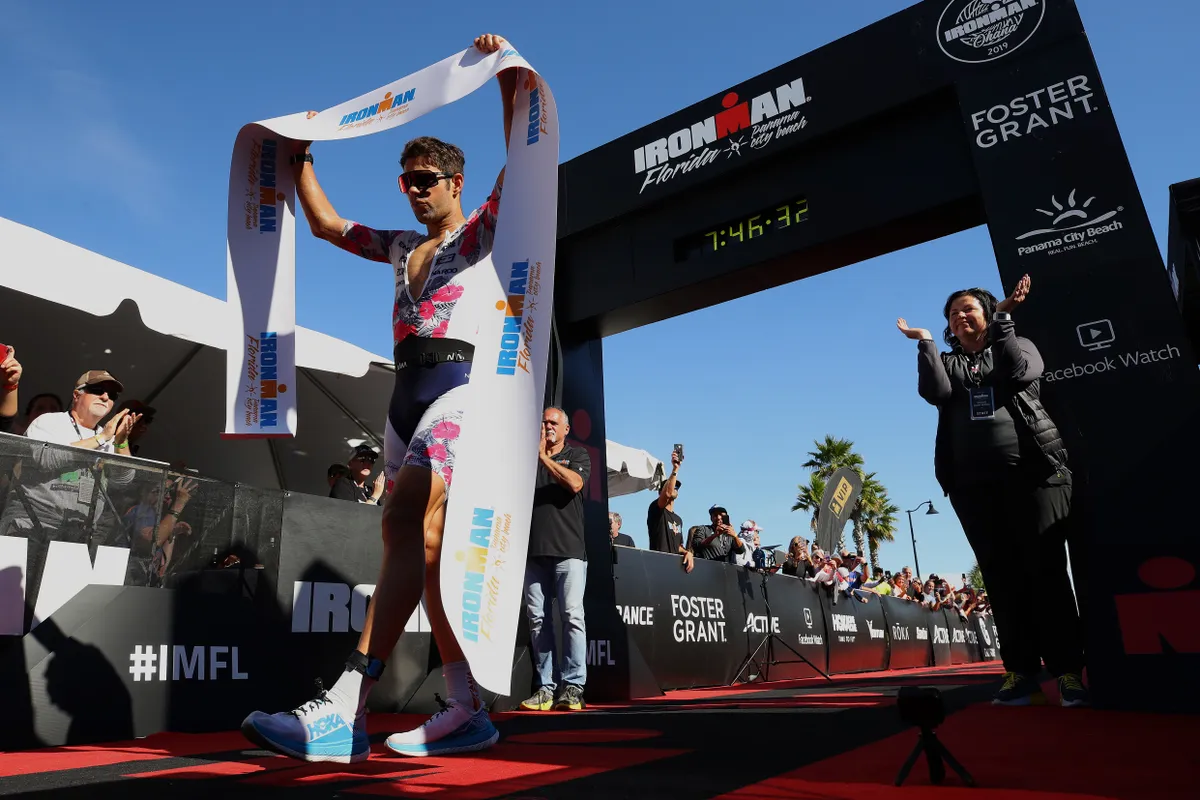 PANAMA CITY, FLORIDA - NOVEMBER 02: Joe Skipper of England celebrates his first place finish at the Ironman Florida on November 02, 2019 in Panama City, Florida. (Photo by Gregory Shamus/Getty Images)