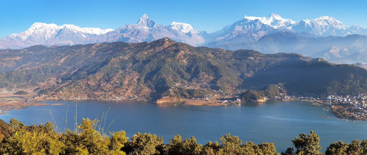 Panoramic view of mount Annapurna, himalayan range, Pokhara and Phewa lake, Pokhara valley, Nepal Himalayas mountains