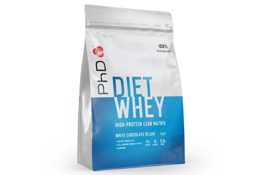 PhD Diet Whey Protein in a packet on a white background