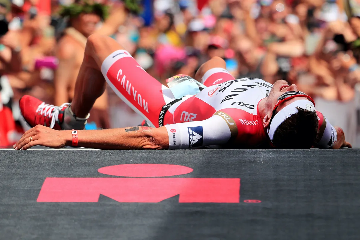 Frodeno lies on the ground after winning his second Ironman World Championship in 2016 (Credit: Tom Pennington/Getty Images for Ironman
