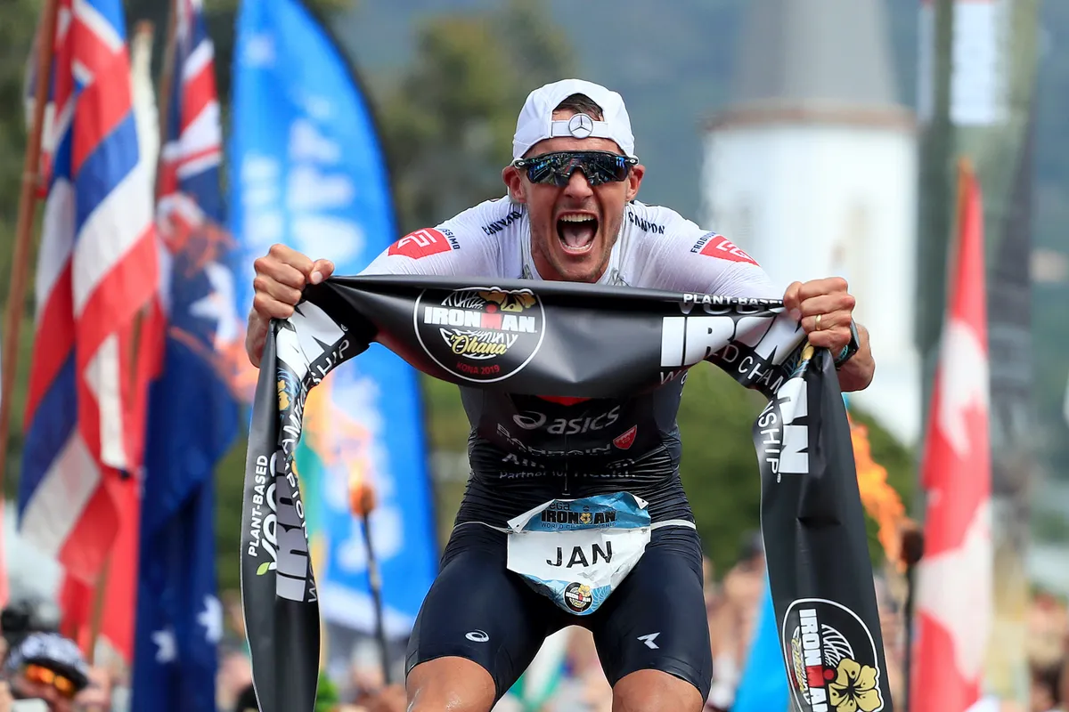 Jan Frodeno screams in delight after winning the Ironman World Championship in 2019