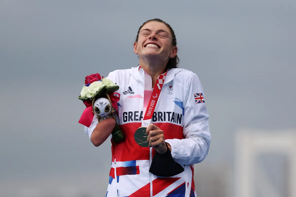 Gold medallist Lauren Steadman of Team Great Britain reacts during the women's PTS5 Triathlon medal ceremony on day 5 of the Tokyo 2020 Paralympic Games at Odaiba Marine Park on August 29, 2021 in Tokyo, Japan. (Photo by Alex Pantling/Getty Images)