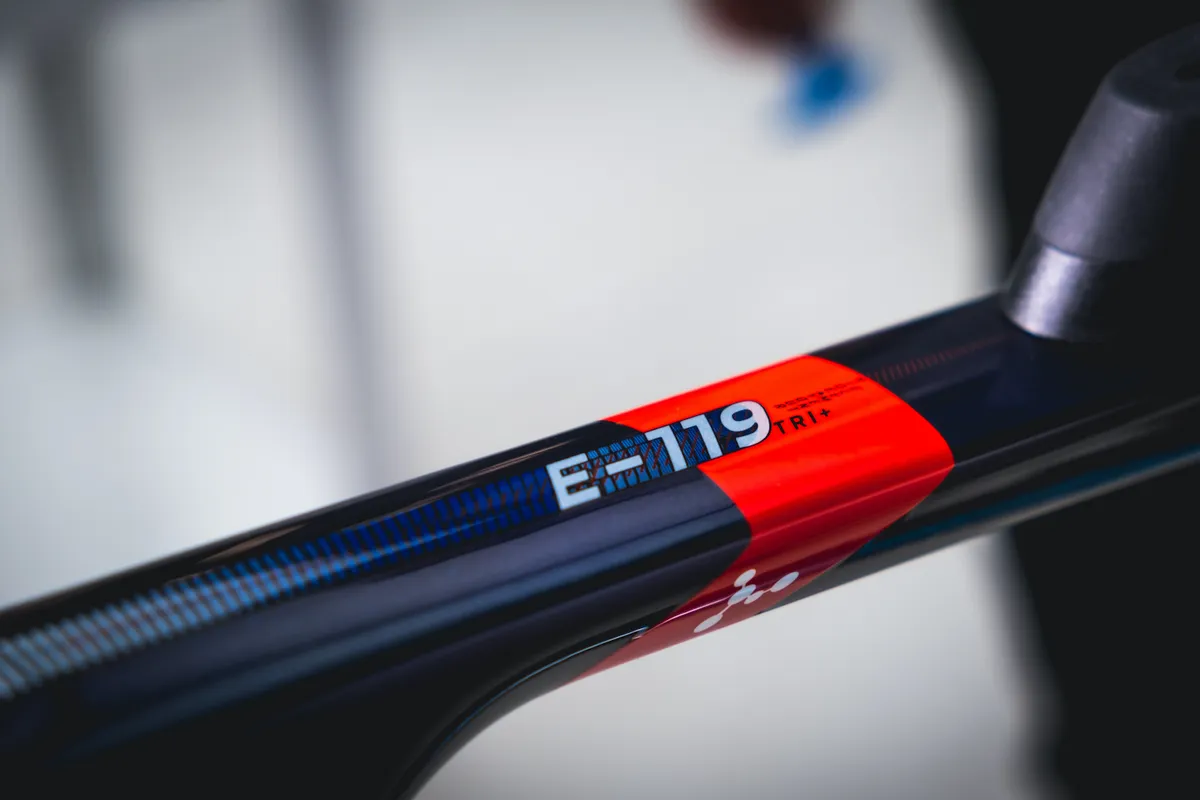 A close up of the top tube on the Argon 18 E119 Tri  Disc bike