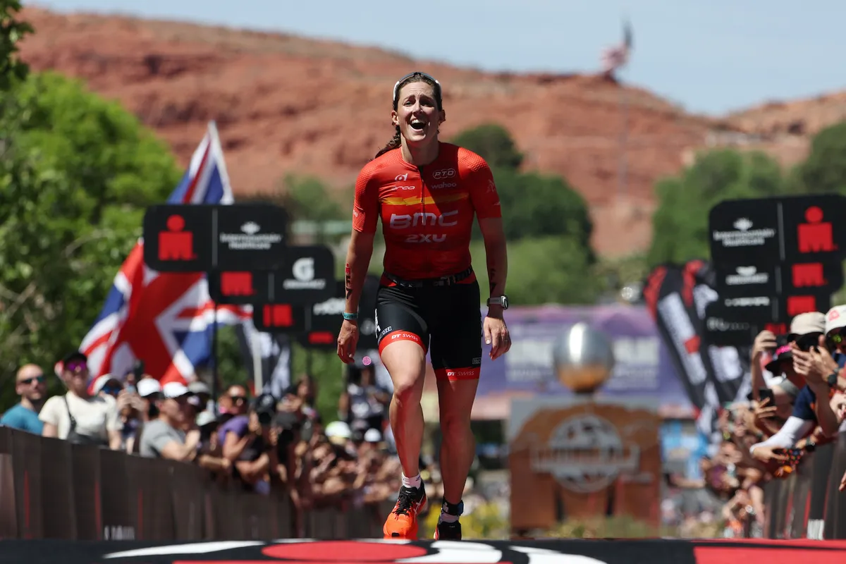 Triathlete Kat Matthews celebrates coming second at the Ironman World Championship