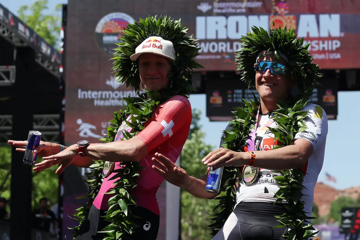 Daniela Ryf and Kristian Blummenfelt celebrate after winning the Ironman World Championship