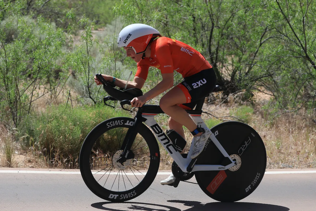 Kat Matthews competes on the bike leg of the Ironman World Championship