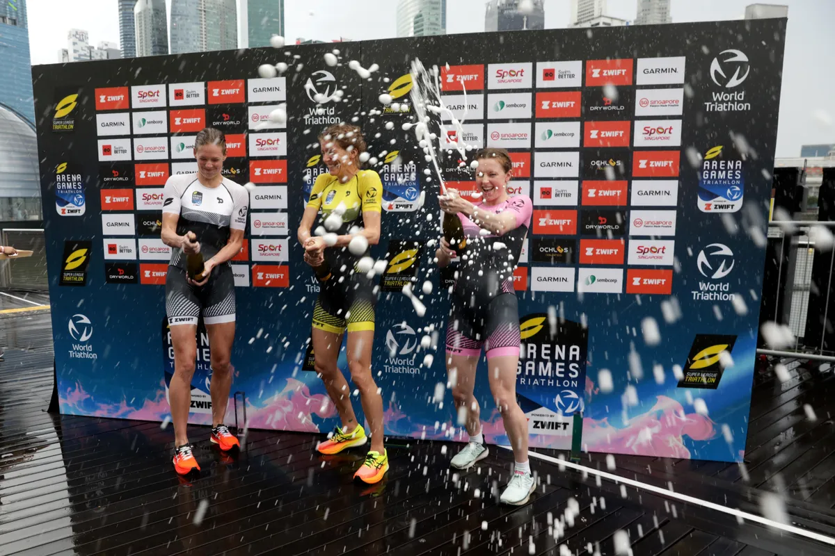 Beth Potter celebrates wining the inaugural Super League Arena Games in Singapore, 2022