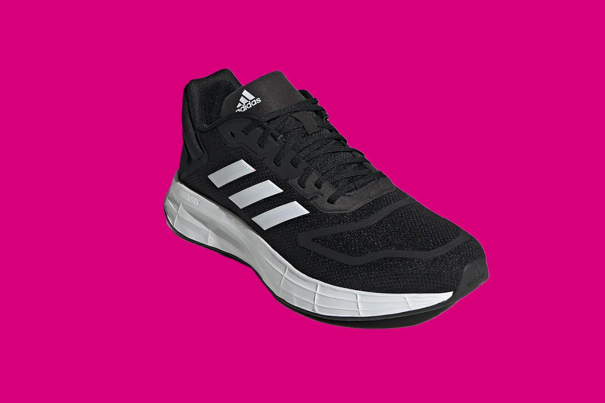 Adidas Duramo 10 run shoes on a pink background