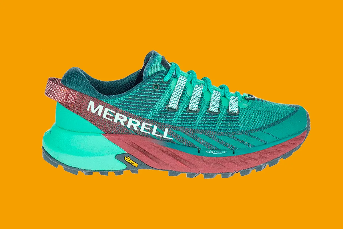 Merrell Agility Peak 4 run shoes on an orange background