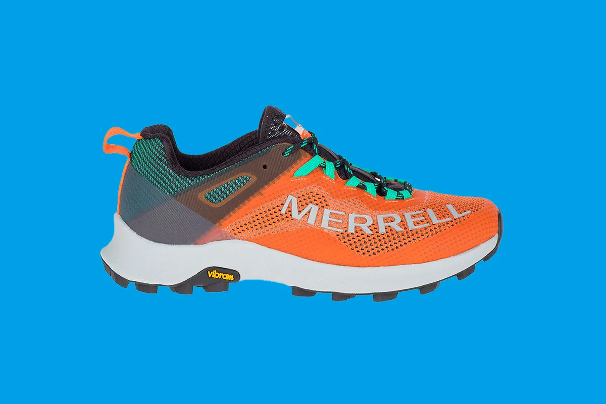 Merrell MTL Long Sky run shoes on a blue background
