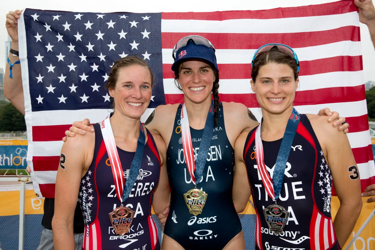 CHICAGO, IL - SEPTEMBER 18: Katie Zaferes, Gwen Jorgensen and Sarah True of USA pose for photo after women's elite race at the 2015 ITU World Grand Final on September 18, 2015 in Chicago, Illinois. (Photo by Tasos Katopodis/Getty Images for Threadneedle)