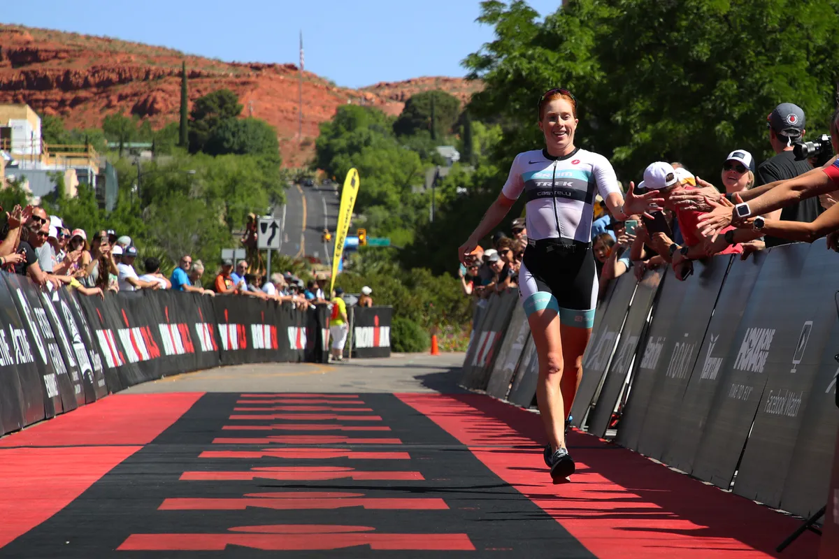 ST GEORGE, UTAH - MAY 04: Paula Findlay of Canada heads to the finish line in second place during the IRONMAN St. George Utah 70.3 North American Pro Championship on May 04, 2019 in St George, Utah. (Photo by Gregory Shamus/Getty Images)