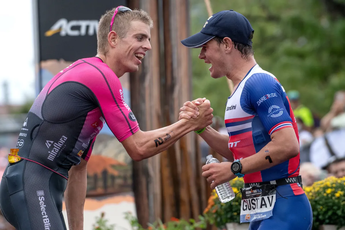 Sam Long congratulates Gustav Iden at Ironman 70.3 World Championship