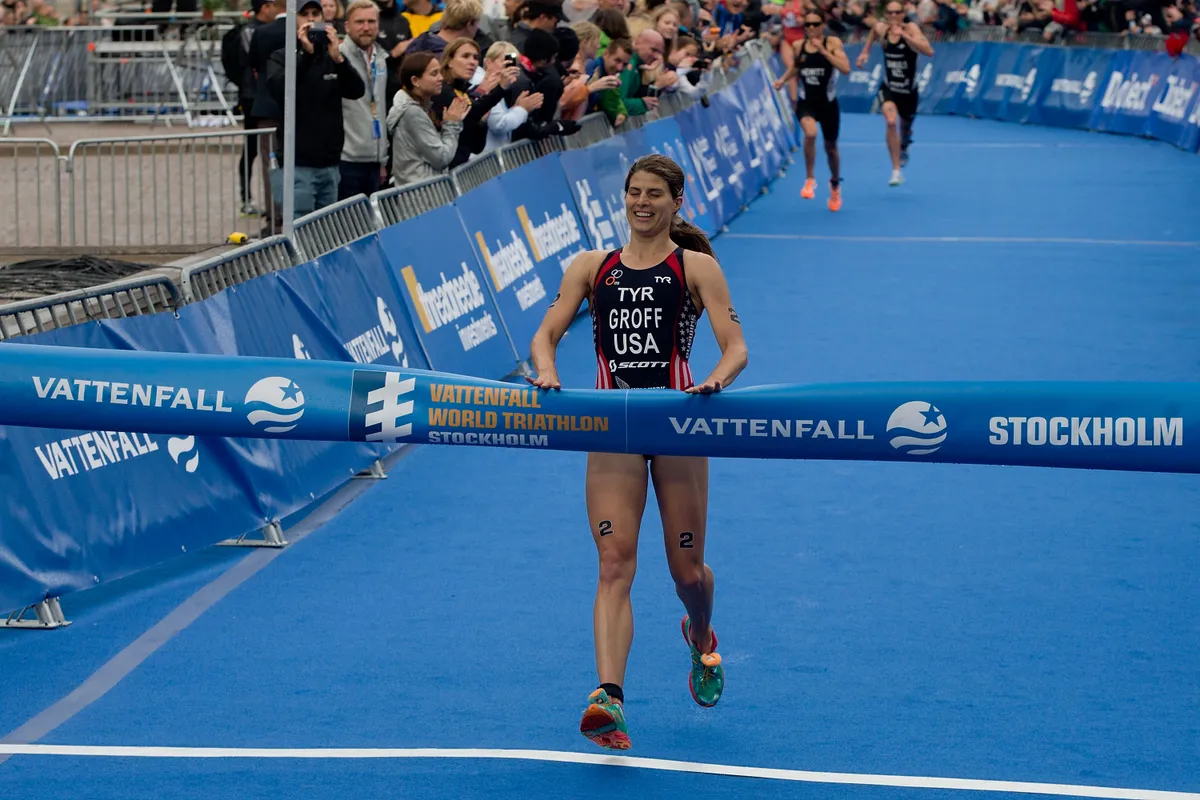STOCKHOLM, SWEDEN - AUGUST 23: Winner of the Elite Woman Spring Race Sarah Groff of the United States crosses the finish line during the ITU World Triathlon on August 23, 2014 in Stockholm, Sweden. (Photo by Gonzalo Arroyo Moreno/Getty Images for Threadneedle)