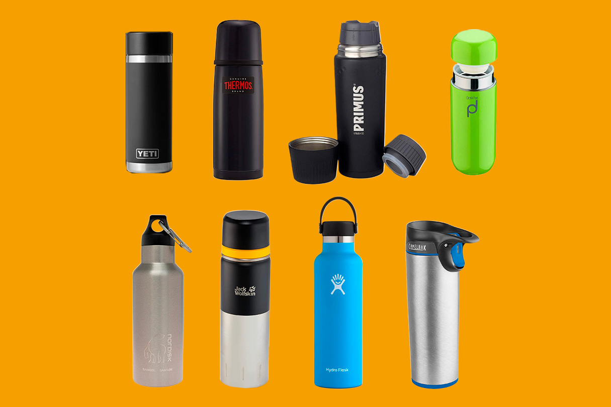 Realistic thermos. Different colors 3d hiking flasks with plastic hand By  YummyBuum