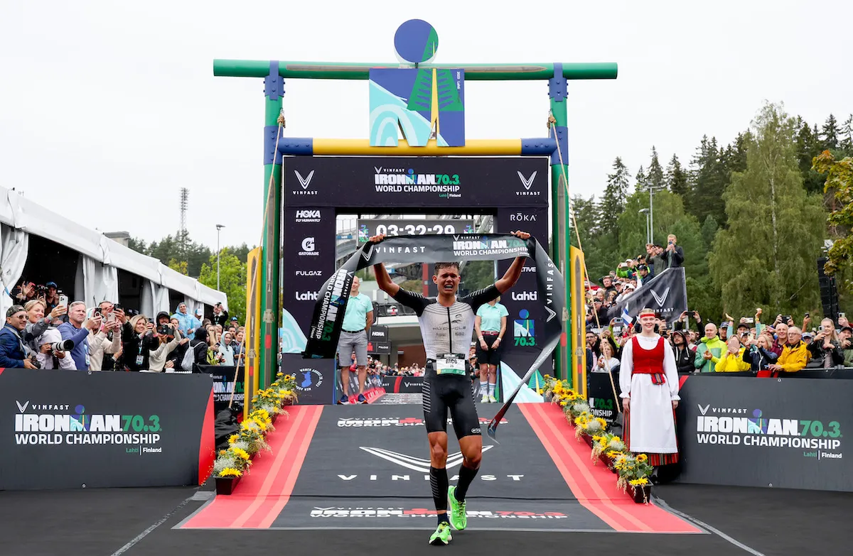 Rico Bogen winning the 2023 Ironman 70.3 World Championship in Lahti, Finland