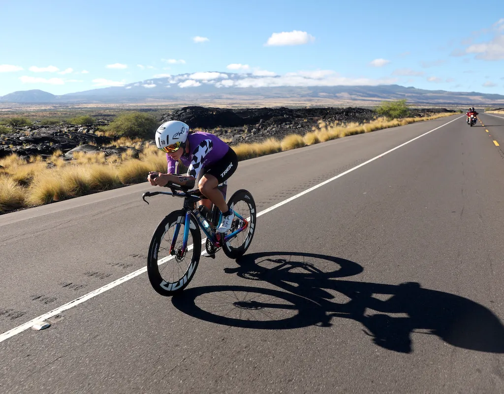 US pro triathlete Skye Moench on the bike leg at the 2023 Ironman World Championship in Kailua Kona, Hawaii. 