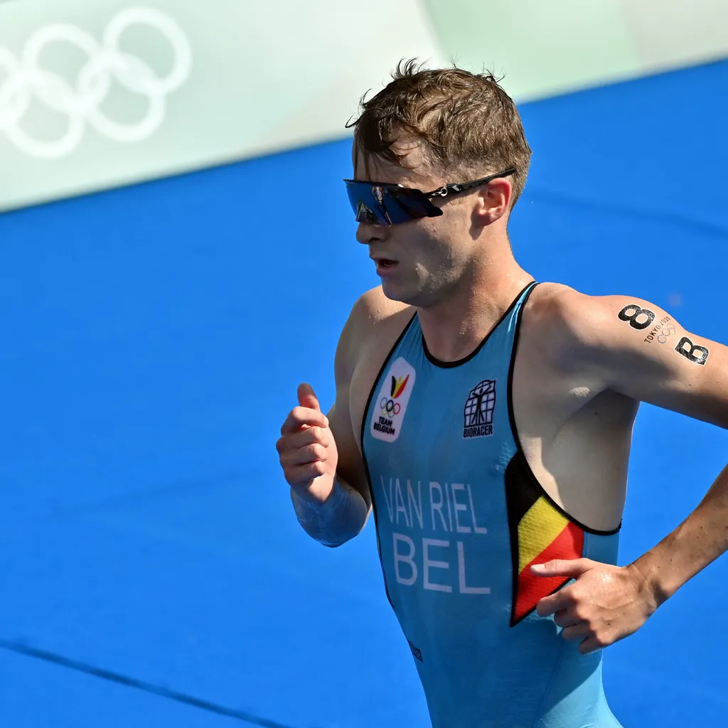 Marten Van Riel competing for Team Belgium at the 2020 Olympic Games mixed triathlon relay race in Tokyo, Japan