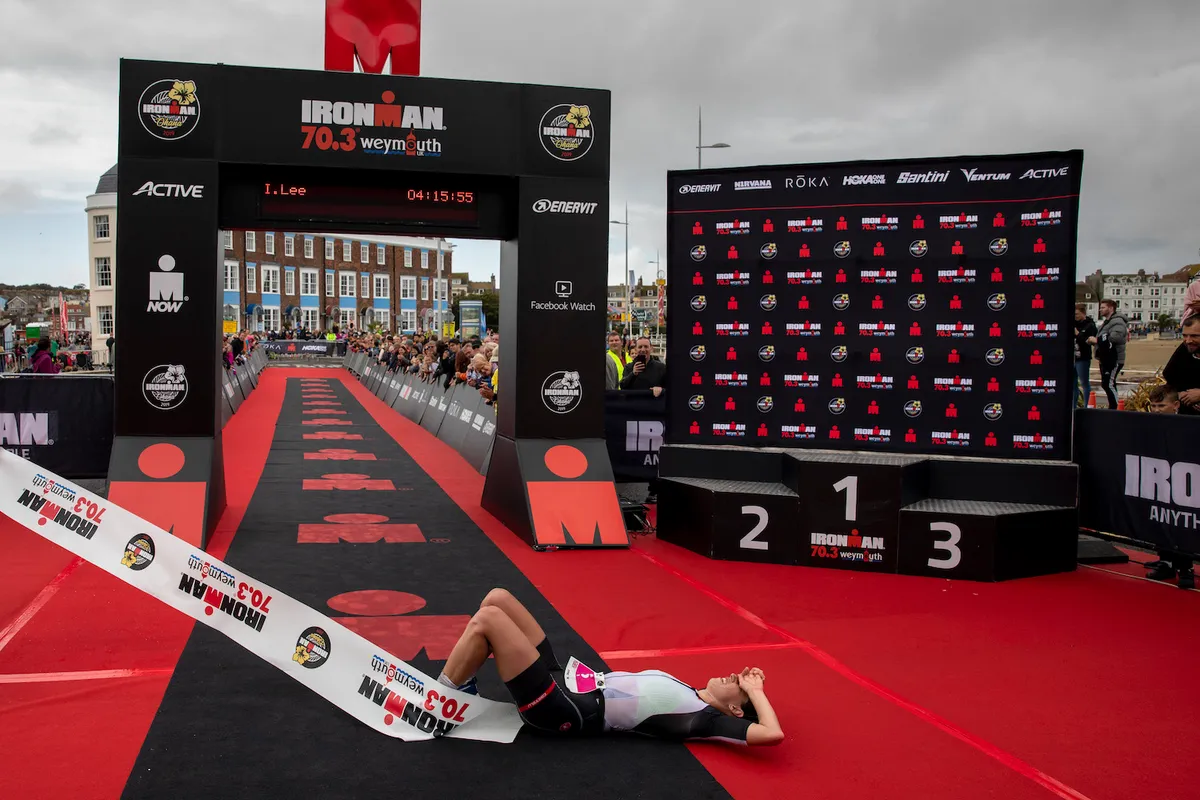 WEYMOUTH, ENGLAND - SEPTEMBER 22: India Lee of Great Britain reacts after winning the female race of IRONMAN 70.3 Weymouth on September 22, 2019 in Weymouth, England. (Photo by Pablo Blazquez Dominguez/Getty Images for IRONMAN)