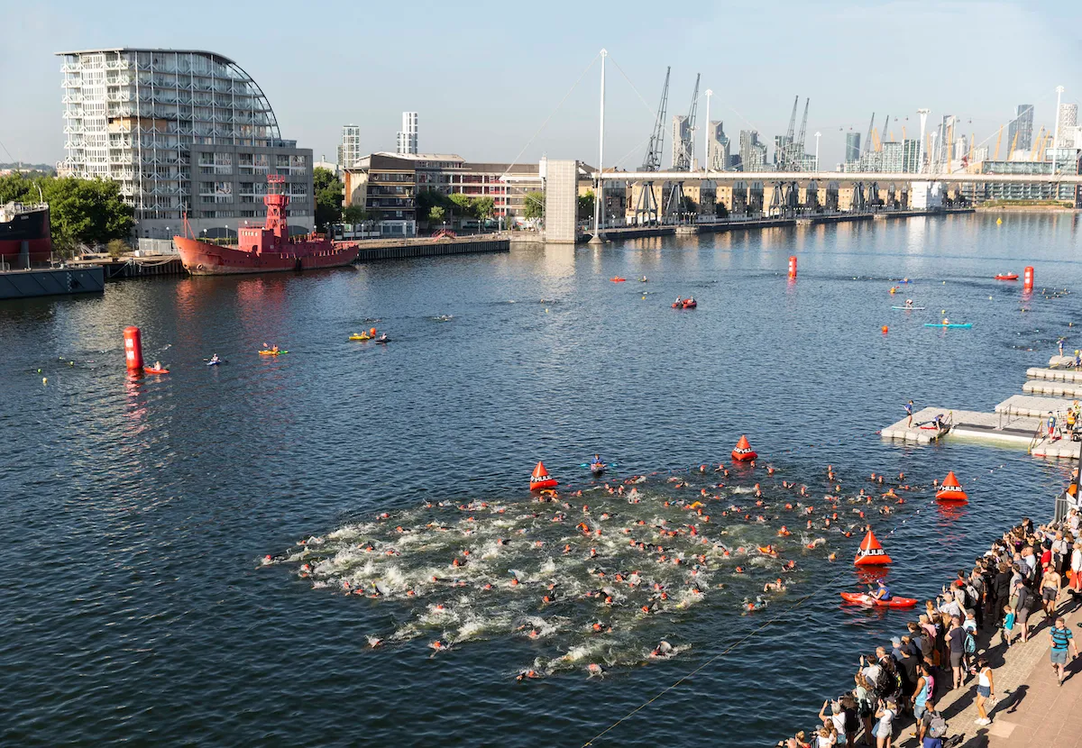 Athletes swimming at the London Triathlon