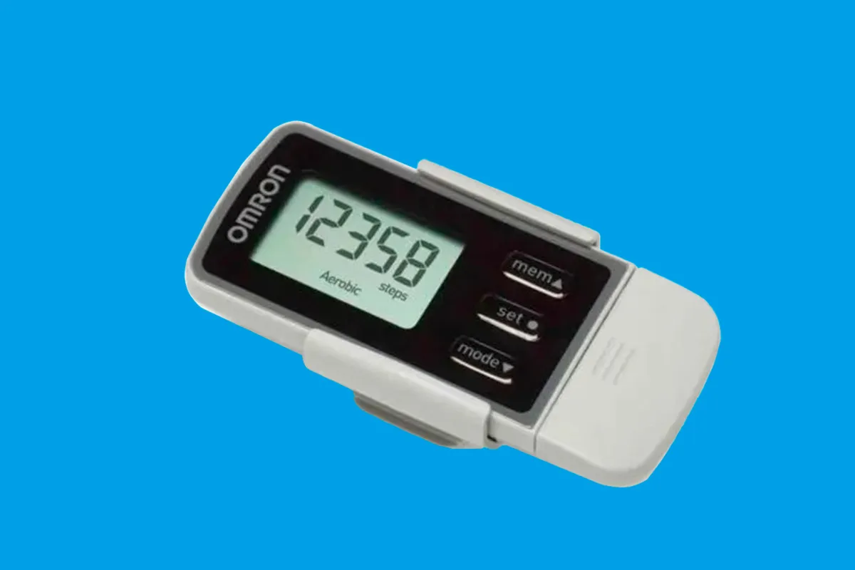 Omron Walking Style 2.0 Pedometer on a blue background