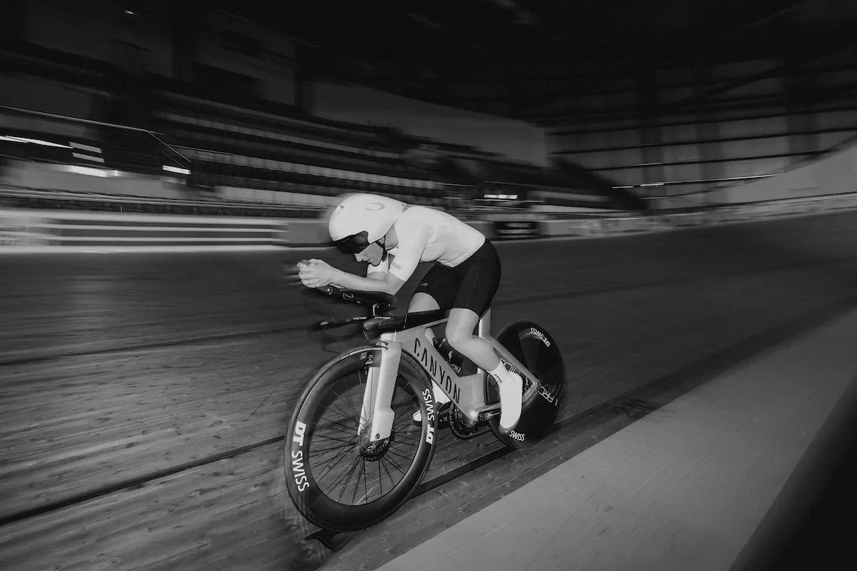 Kat Matthews finding some marginal gains at the Derby Velodrome in February 2023