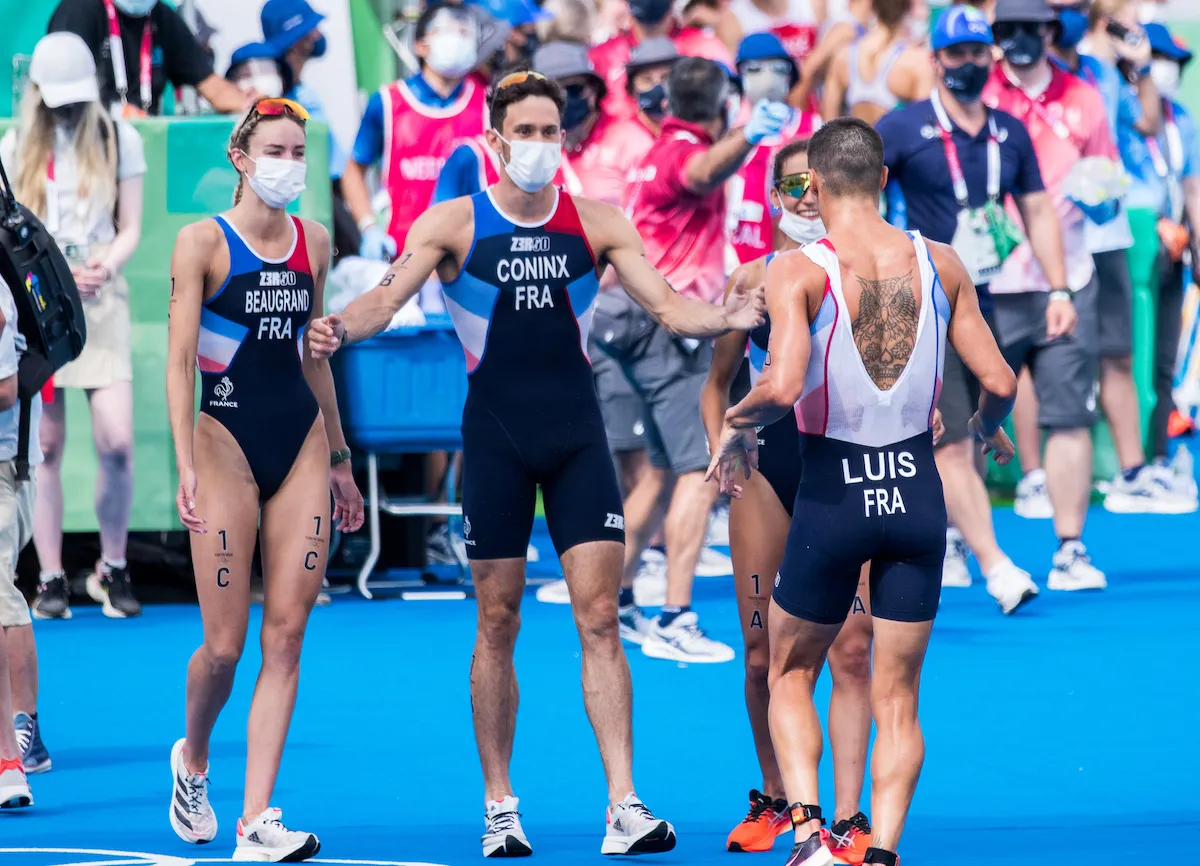 The French triathlon team welcome home Vincent Luis after taking bronze at the 2020 Tokyo Olympics Mixed Relay Test Event