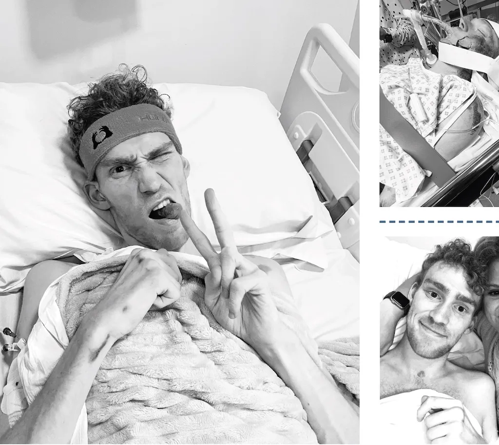 Three images of George Peasgood in hospital after his accident