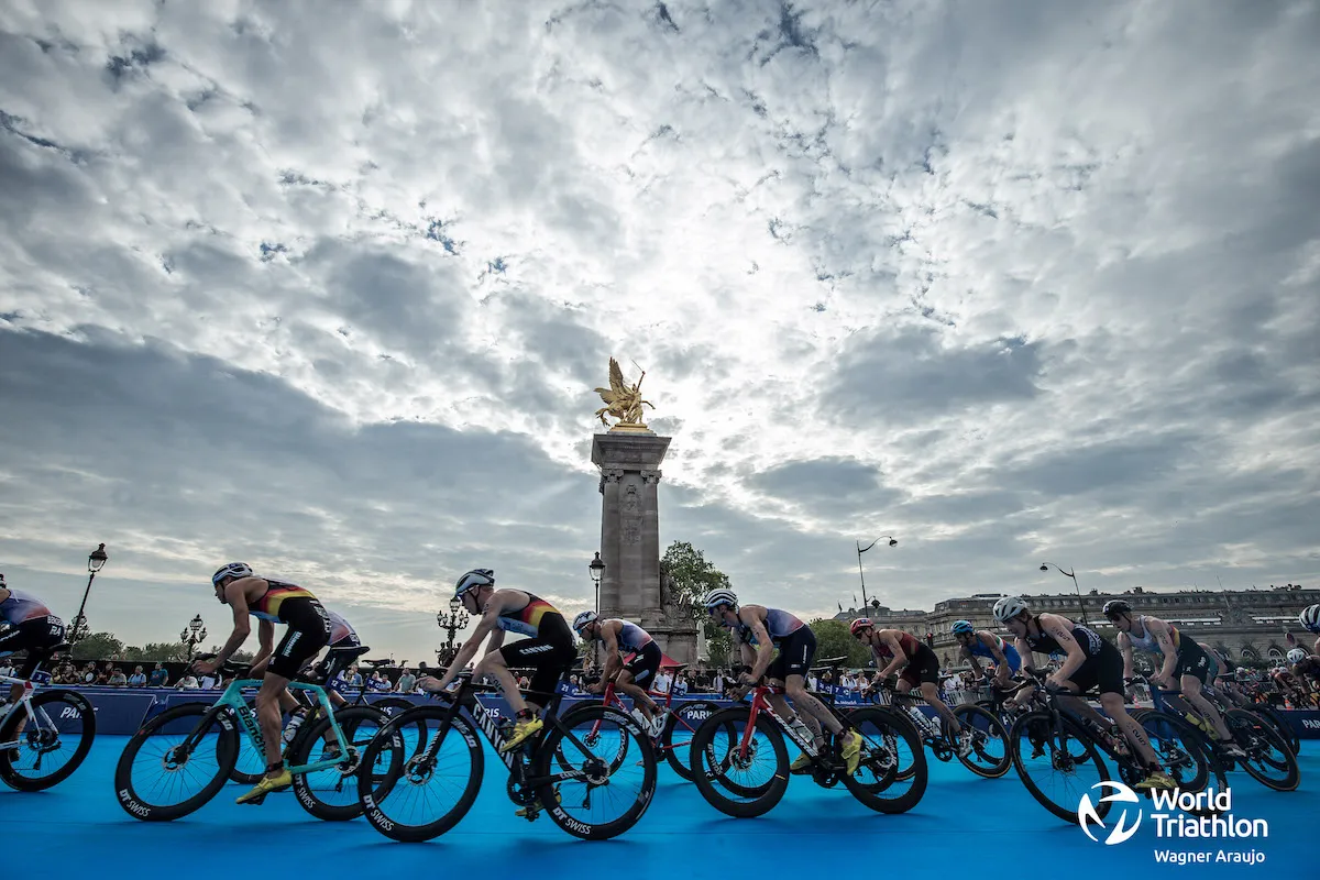 A huge peloton of 55 men formed on the bike leg at the 2023 Paris Olympics Test Event