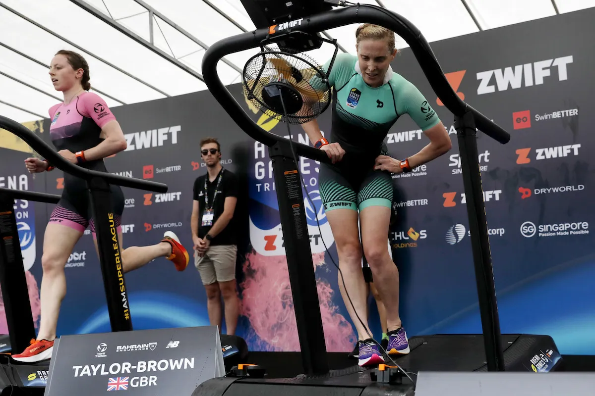 Jess Learmonth on a treadmill holding her left hip in pain during the 2022 Singapore Super League Arena Games Finals