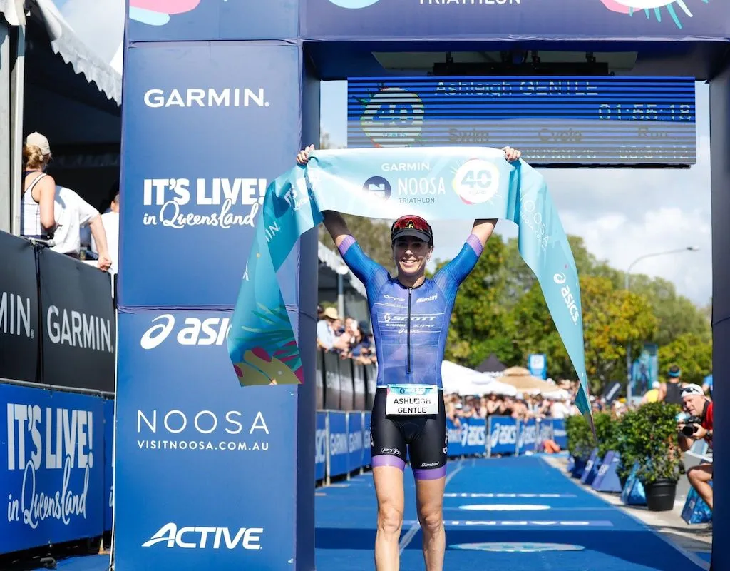 Australian pro triathlete Ashleigh Gentle winning her 10th Noosa Triathlon title in 2023