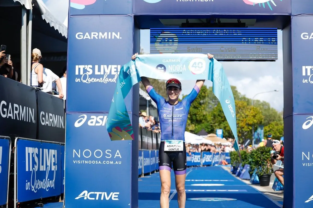Australian pro triathlete Ashleigh Gentle winning her 10th Noosa Triathlon title in 2023