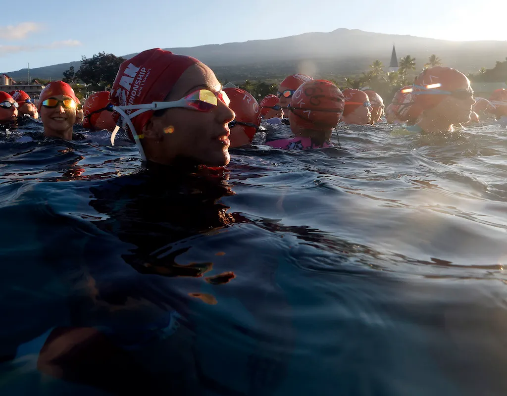 Age-group female athletes prepare to race the 2023 Ironman World Championship in Kailua Kona, Hawaii.