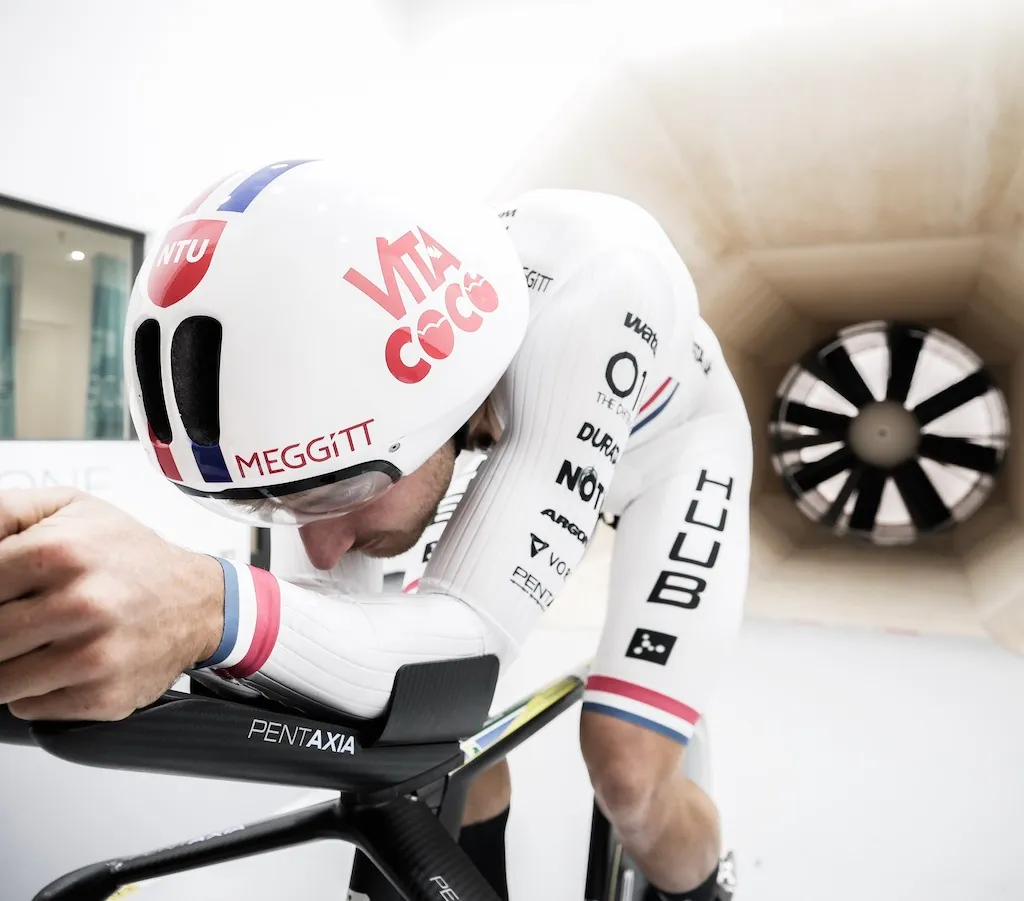 A member of the Huub WattBike team in the aero position in the Silverstone wind tunnel