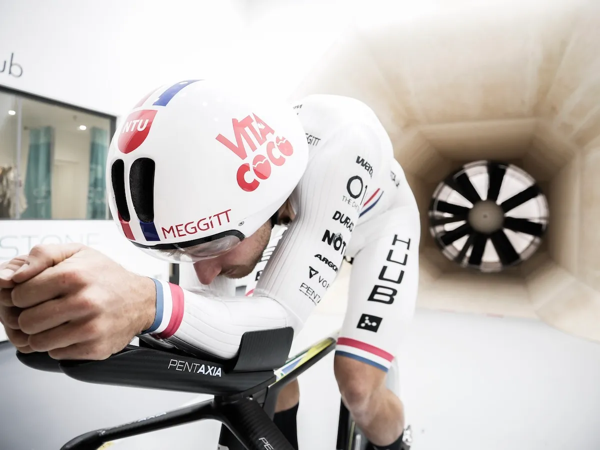 A member of the Huub WattBike team in the aero position in the Silverstone wind tunnel