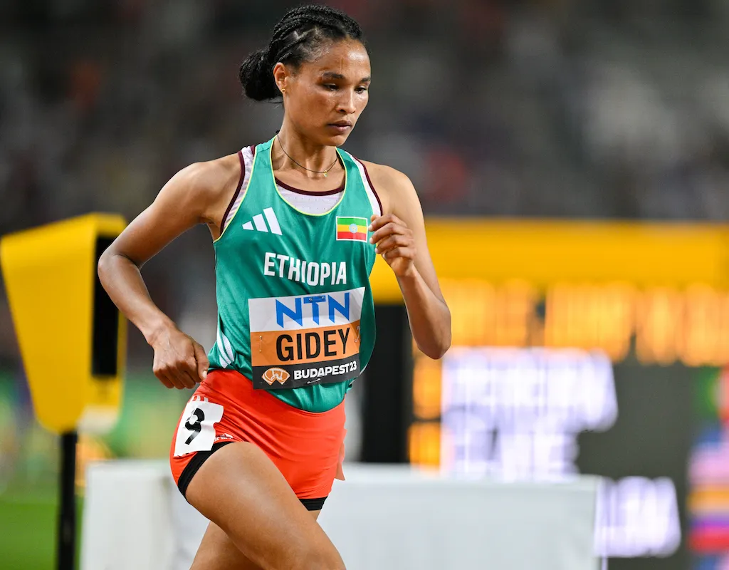 10k track record holder Letesenbet Gidey running at the World Athletics Championships in 2023