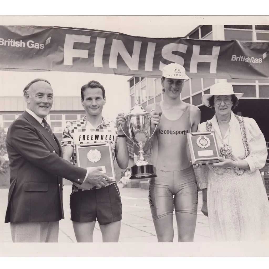 Mike Harris winning the National Tri Champs, Otley, in 1987 with Dame Sarah Springman