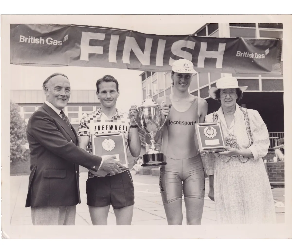 Mike Harris winning the National Tri Champs, Otley, in 1987 with Dame Sarah Springman