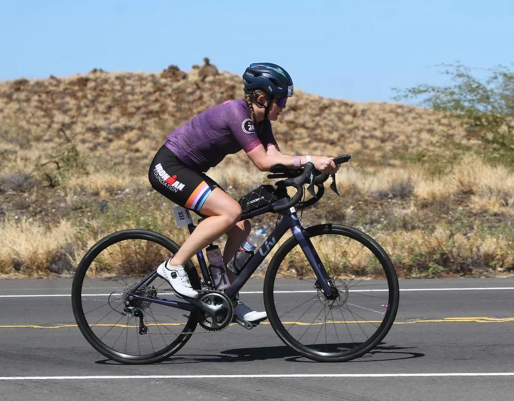 Jen Done on the bike leg of the 2023 Ironman World Champs in Kona, Hawaii