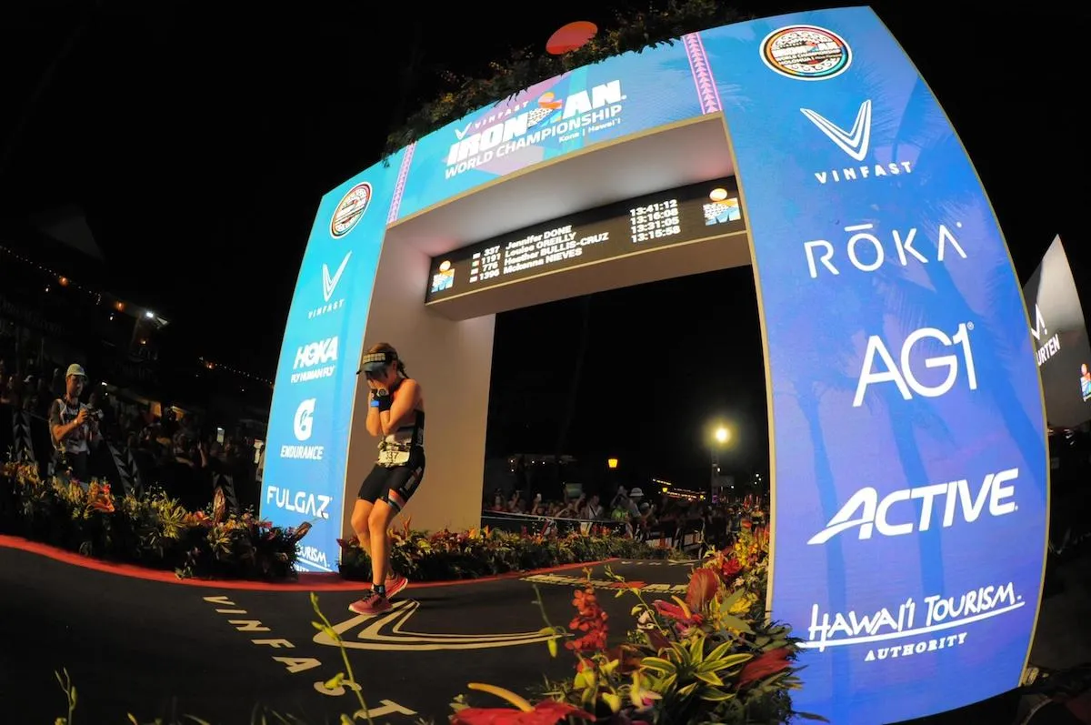 Jennifer Done finishing the 2023 Ironman Worlds in Kona, Hawaii