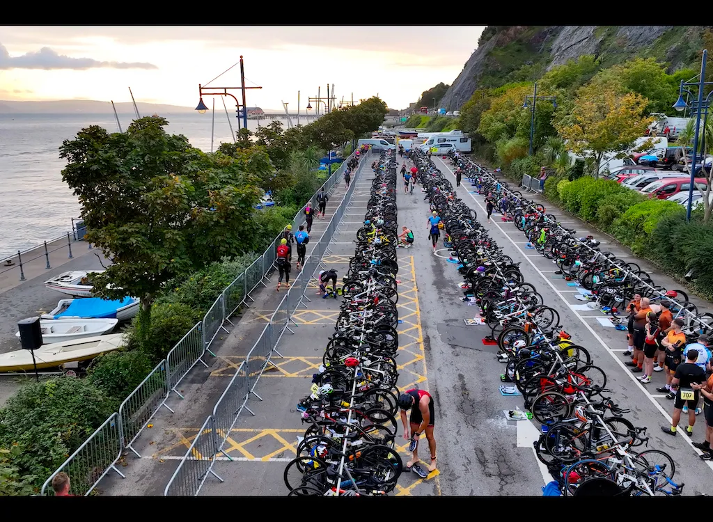 Overhead drone shot of transition at the 2023 Mumbles Triathlon