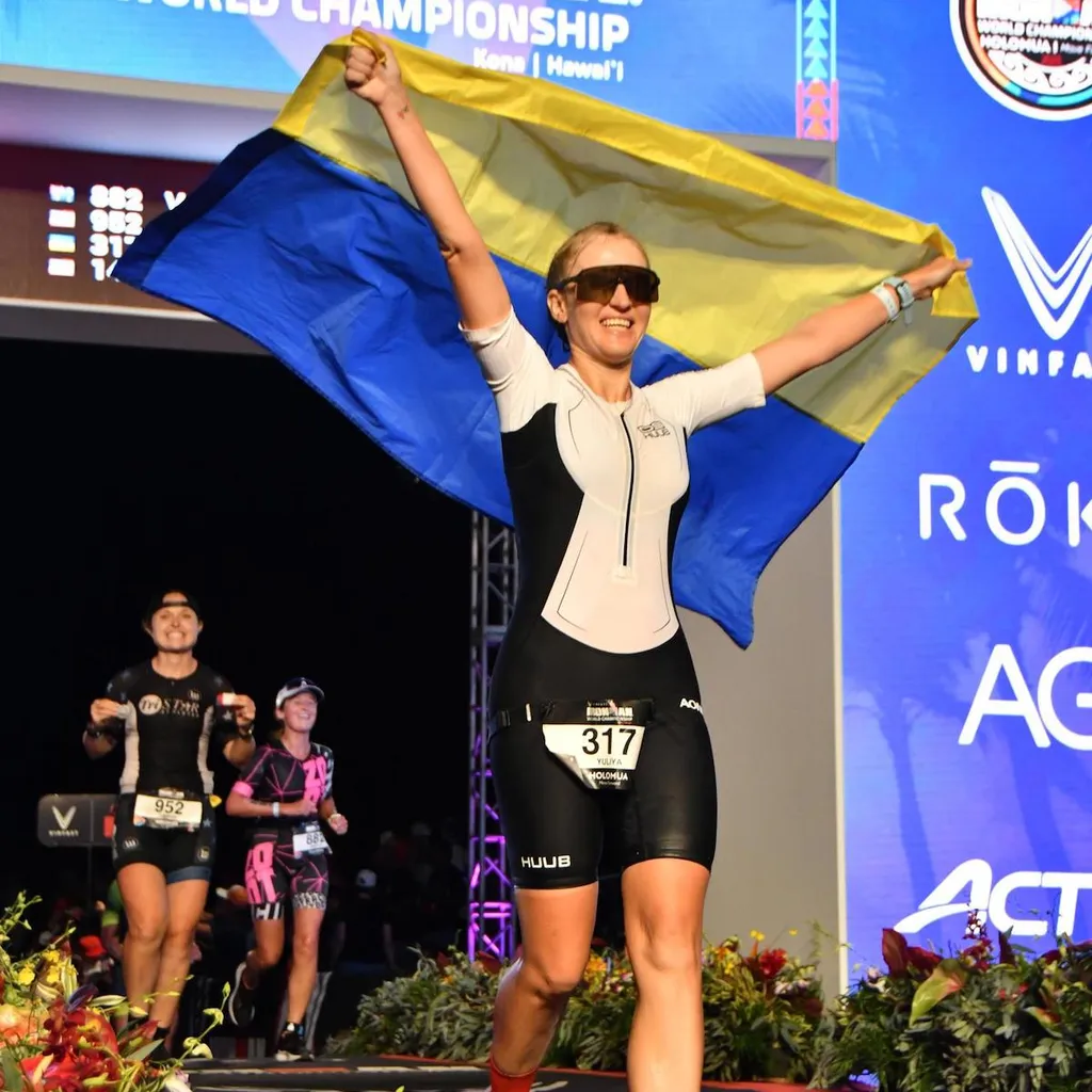 Juliya Azzopardi crosses the finish line at the 2023 Ironman World Championships
