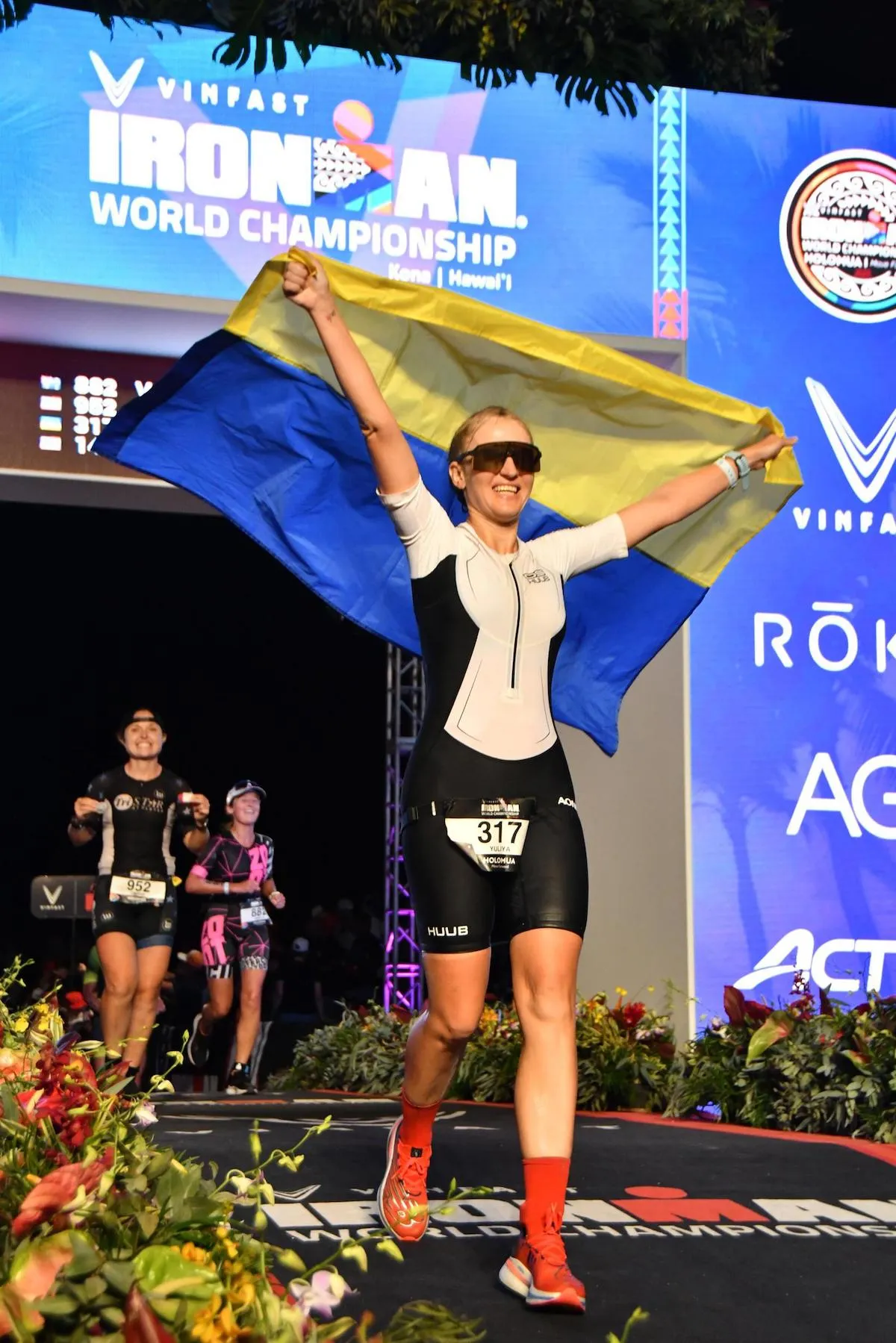 Juliya Azzopardi crosses the finish line at the 2023 Ironman World Championships