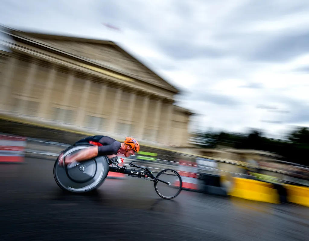 Dutchman Geert Schipper racing in the PTWC category at the Paris Paralympic Test Event, 2023