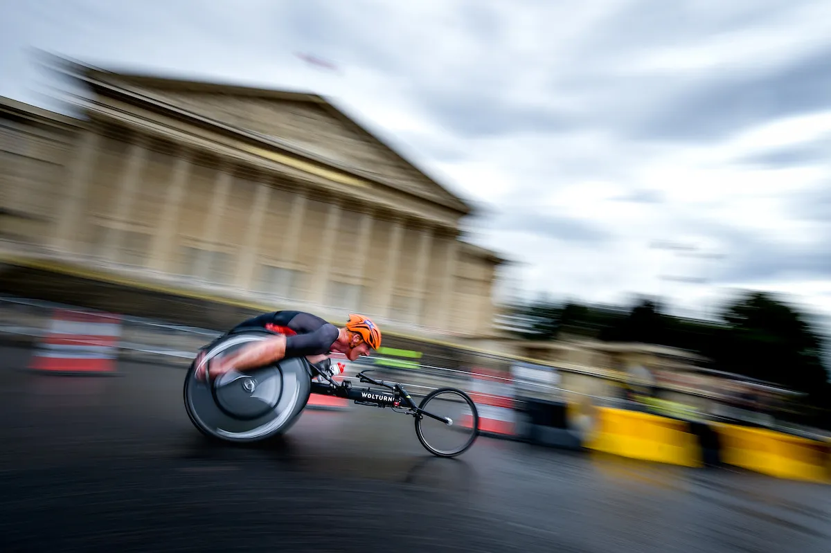 Dutchman Geert Schipper racing in the PTWC category at the Paris Paralympic Test Event, 2023