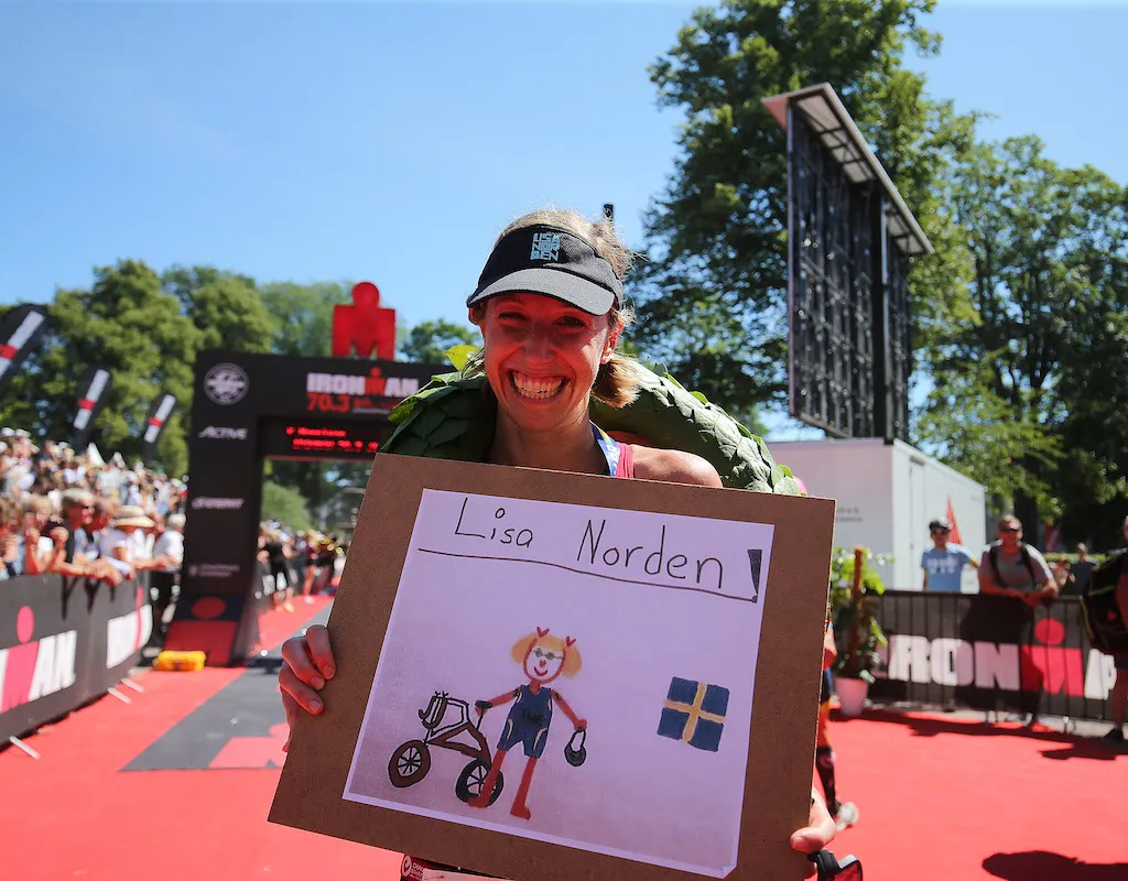 Lisa Norden celebrates winning Ironman 70.3 Jonkoping 2018 in Jonkoping, Sweden